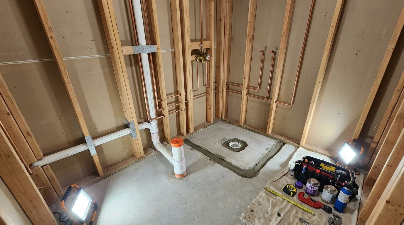 Bathroom rough-in plumbing during remodel by Johns Plumbing LLC in Savanna