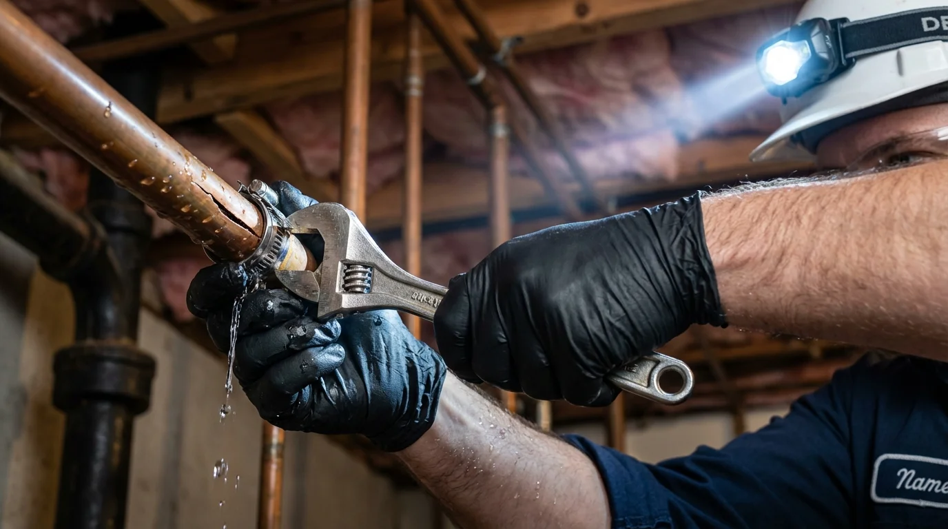 Emergency pipe clamp repair being performed by a Johns Plumbing LLC plumber in Savanna