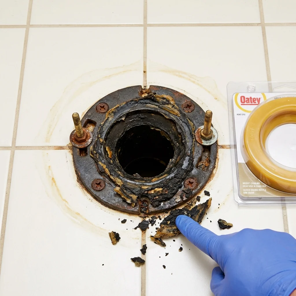 Failed wax ring showing water seepage at the base of a toilet in a Savanna, IL home