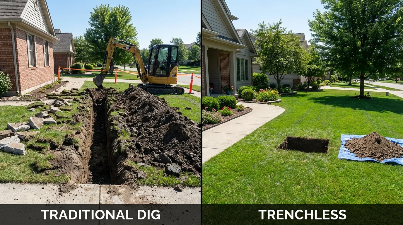 Trenchless sewer repair with minimal yard damage versus traditional excavation in Savanna, IL
